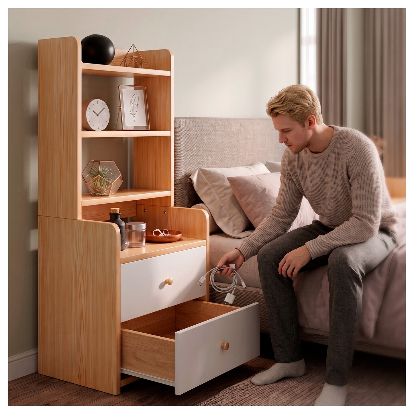 Velador con Librero 2 Cajones Repisa Organizador Dormitorio