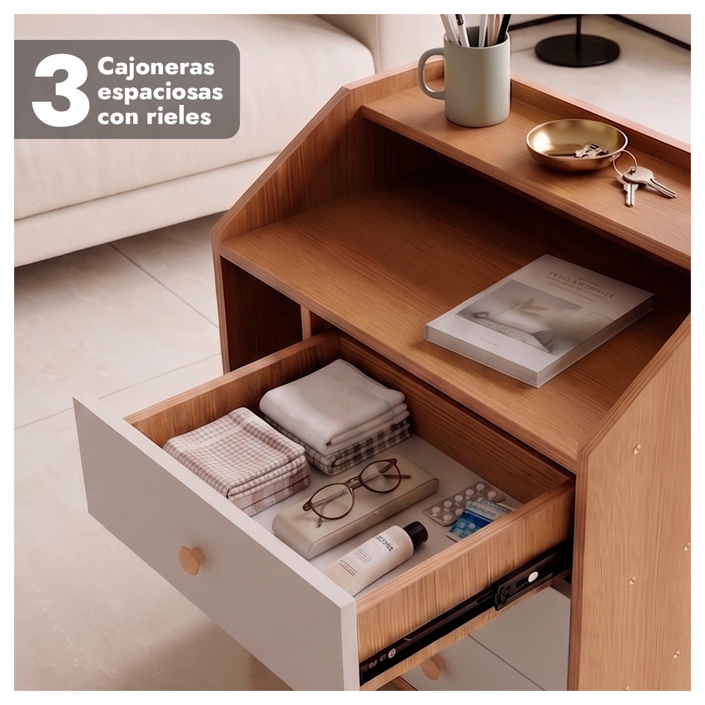Velador de Madera con 3 Cajones y Repisas 61x50x30 cm