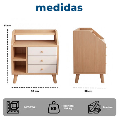 Velador de Madera con 3 Cajones y Repisas 61x50x30 cm
