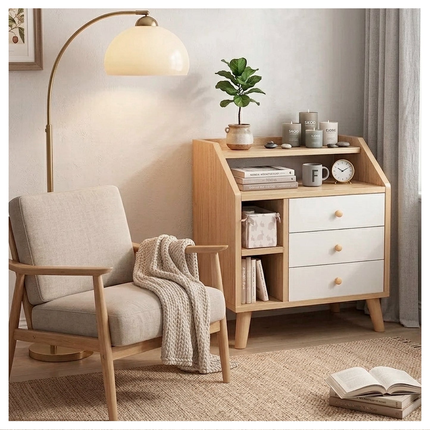 Velador de Madera con 3 Cajones y Repisas 61x50x30 cm