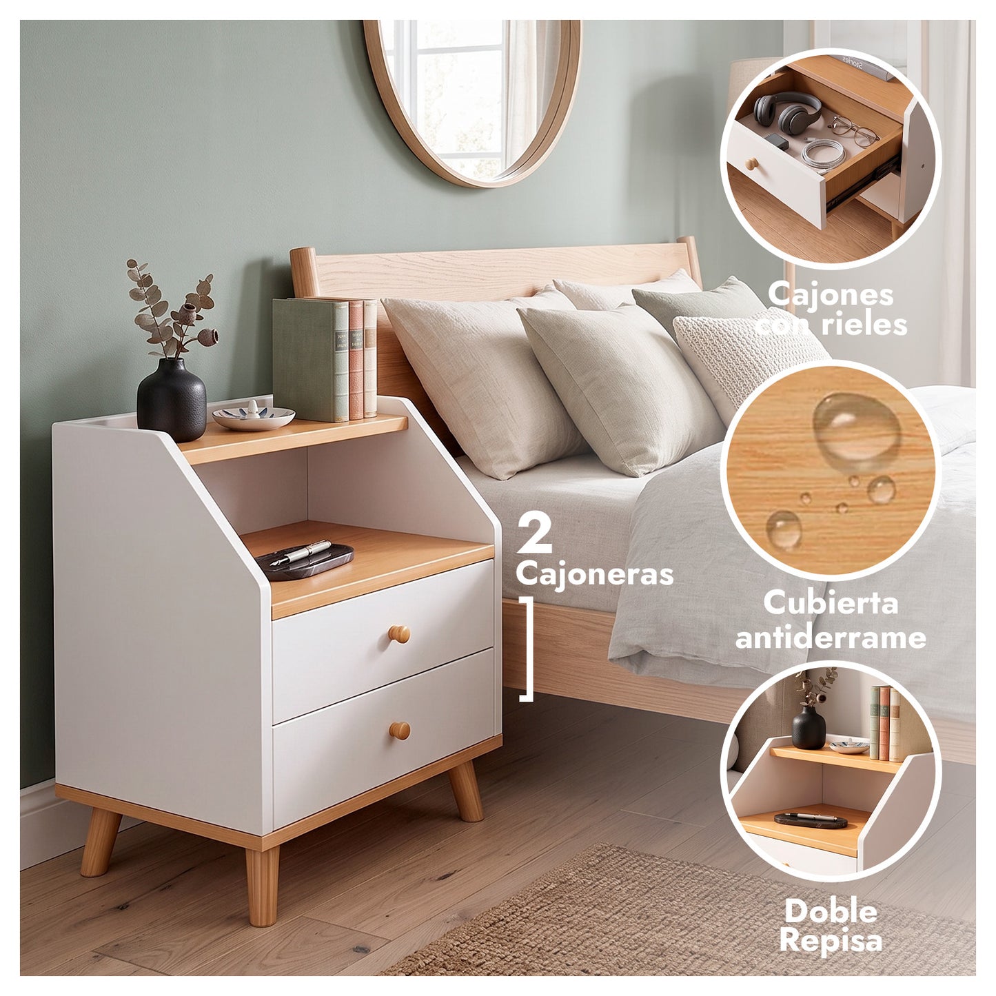Velador de Madera con 2 Cajones y Doble Repisa 53x40x30 cm