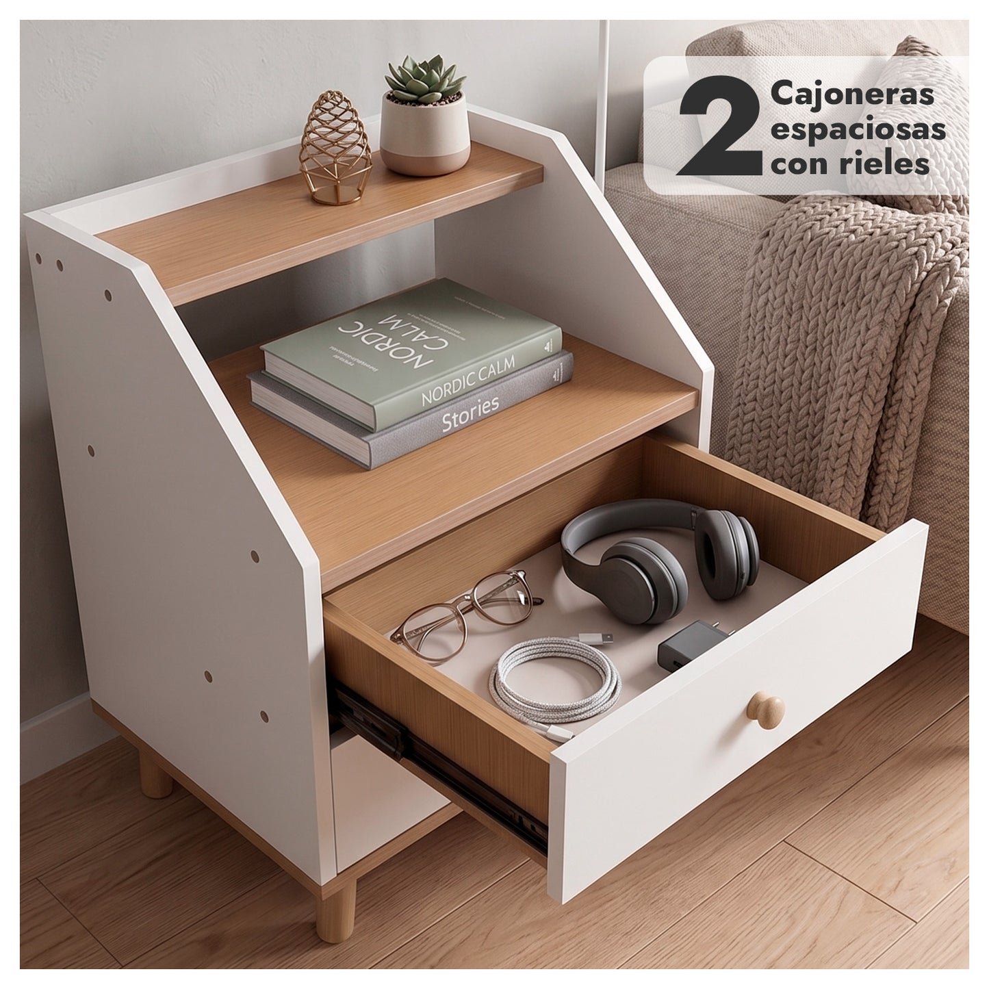 Velador de Madera con 2 Cajones y Doble Repisa 53x40x30 cm