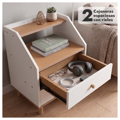 Velador de Madera con 2 Cajones y Doble Repisa 53x40x30 cm