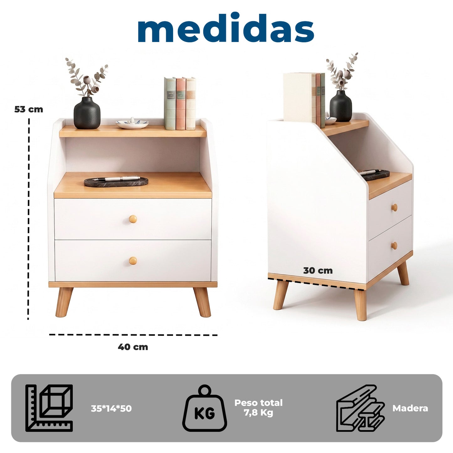 Velador de Madera con 2 Cajones y Doble Repisa 53x40x30 cm