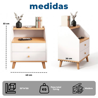 Velador de Madera con 2 Cajones y Doble Repisa 53x40x30 cm