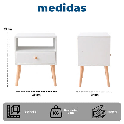 Velador Mesa de Noche con Cajón y Compartimento
