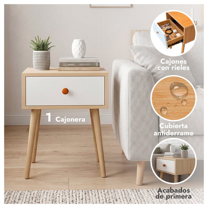 Velador de Madera con 1 Cajón y Patas Altas 55x40x30 cm