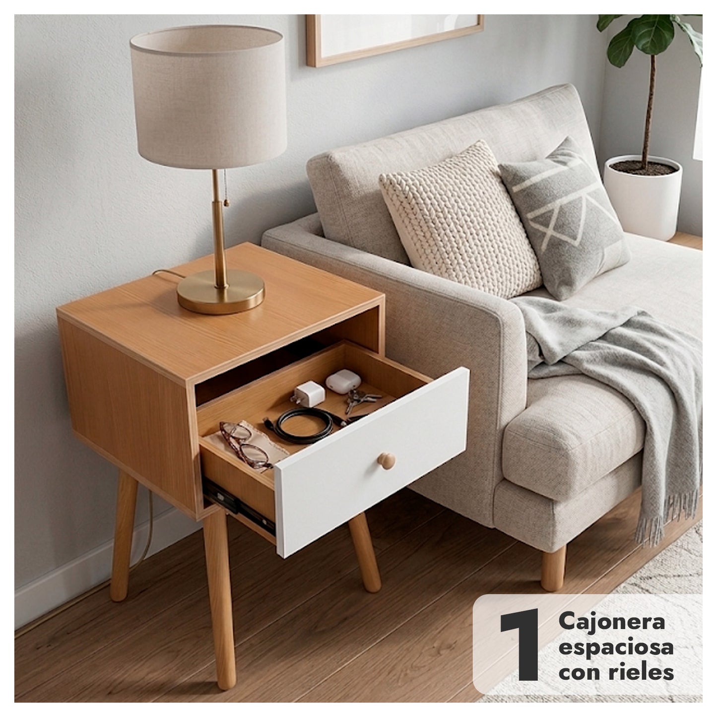 Velador de Madera con 1 Cajón y Patas Altas 55x40x30 cm