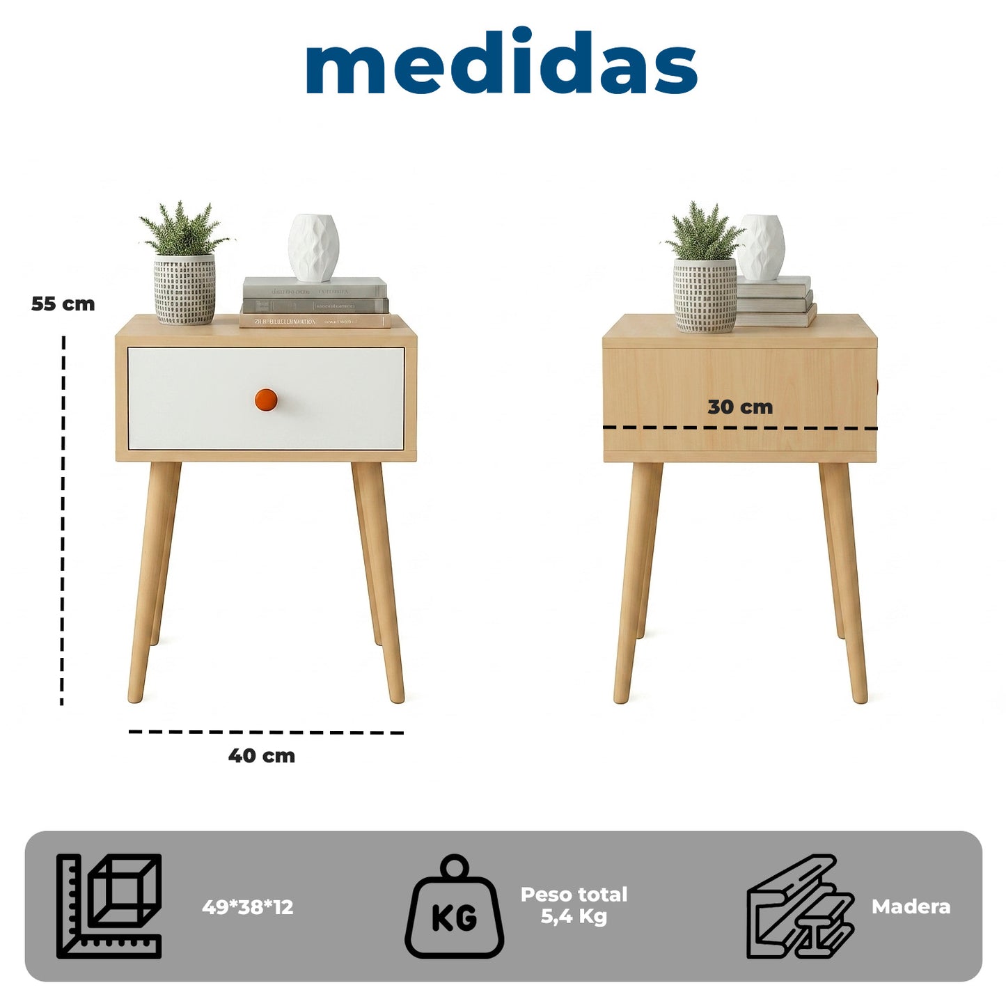 Velador de Madera con 1 Cajón y Patas Altas 55x40x30 cm