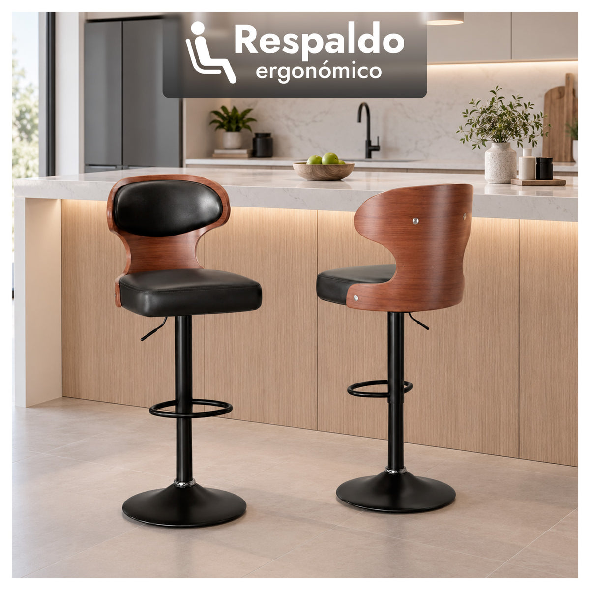 Taburete Bar Regulable con Respaldo Acolchado y Apoyapiés