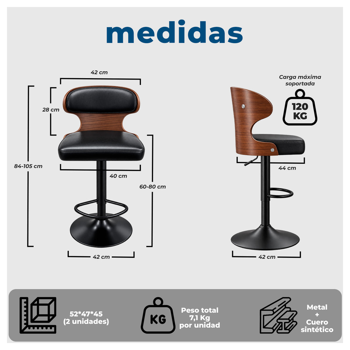 Taburete Bar Regulable con Respaldo Acolchado y Apoyapiés