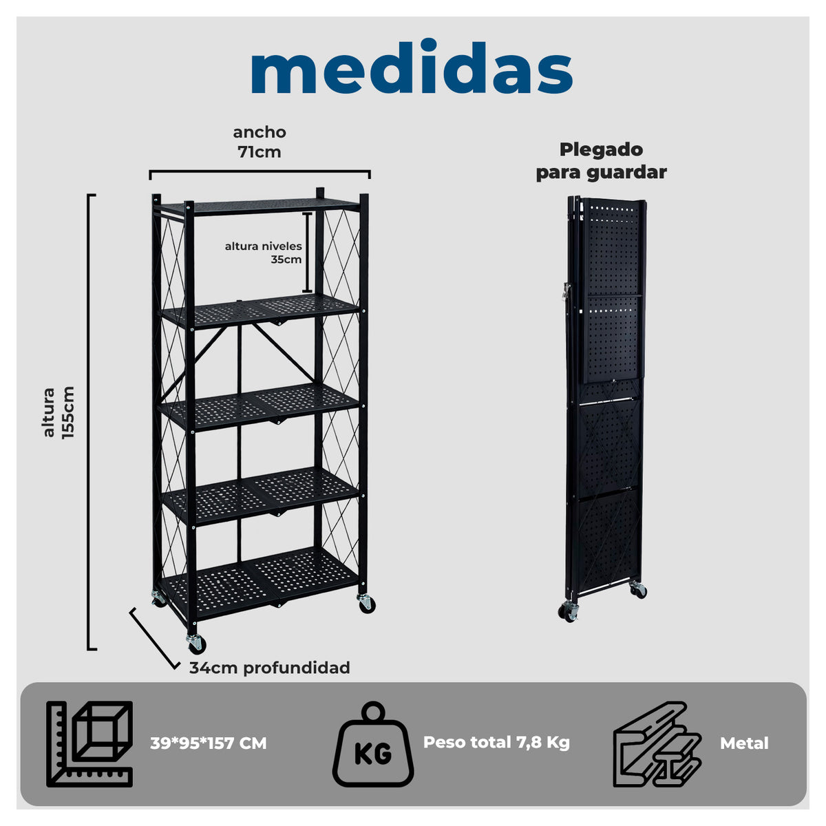 Estante Metálico Plegable 5 Niveles Reforzado hasta 100kg