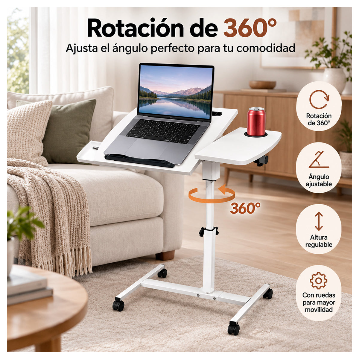 Mesa para Notebook Ajustable en Altura con Ruedas posa brazo