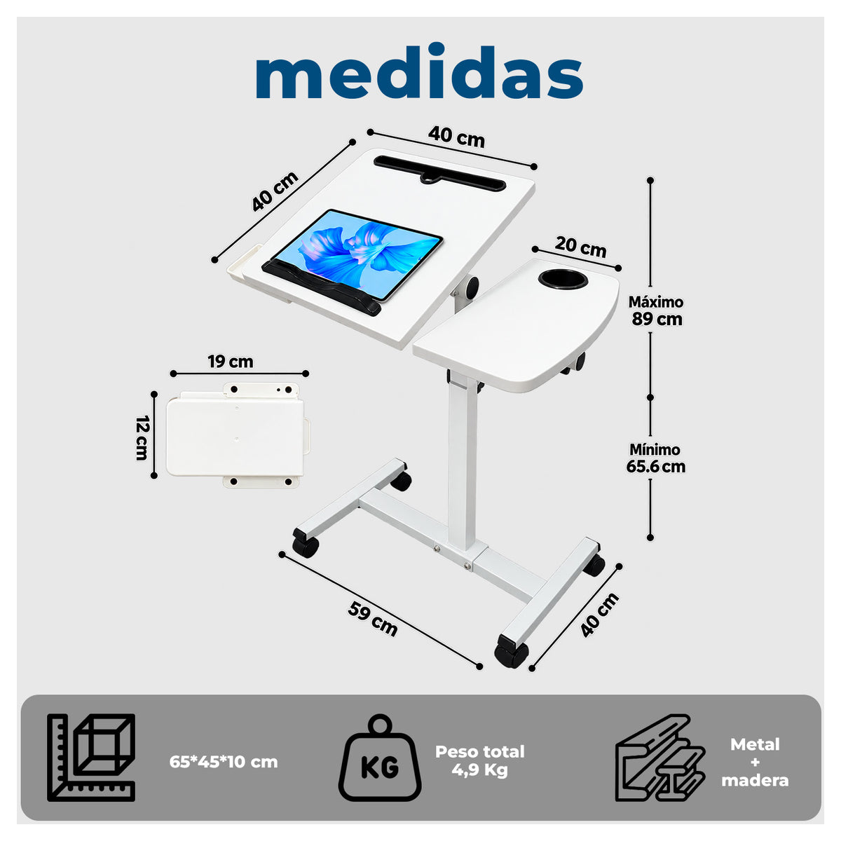 Mesa para Notebook Ajustable en Altura con Ruedas posa brazo