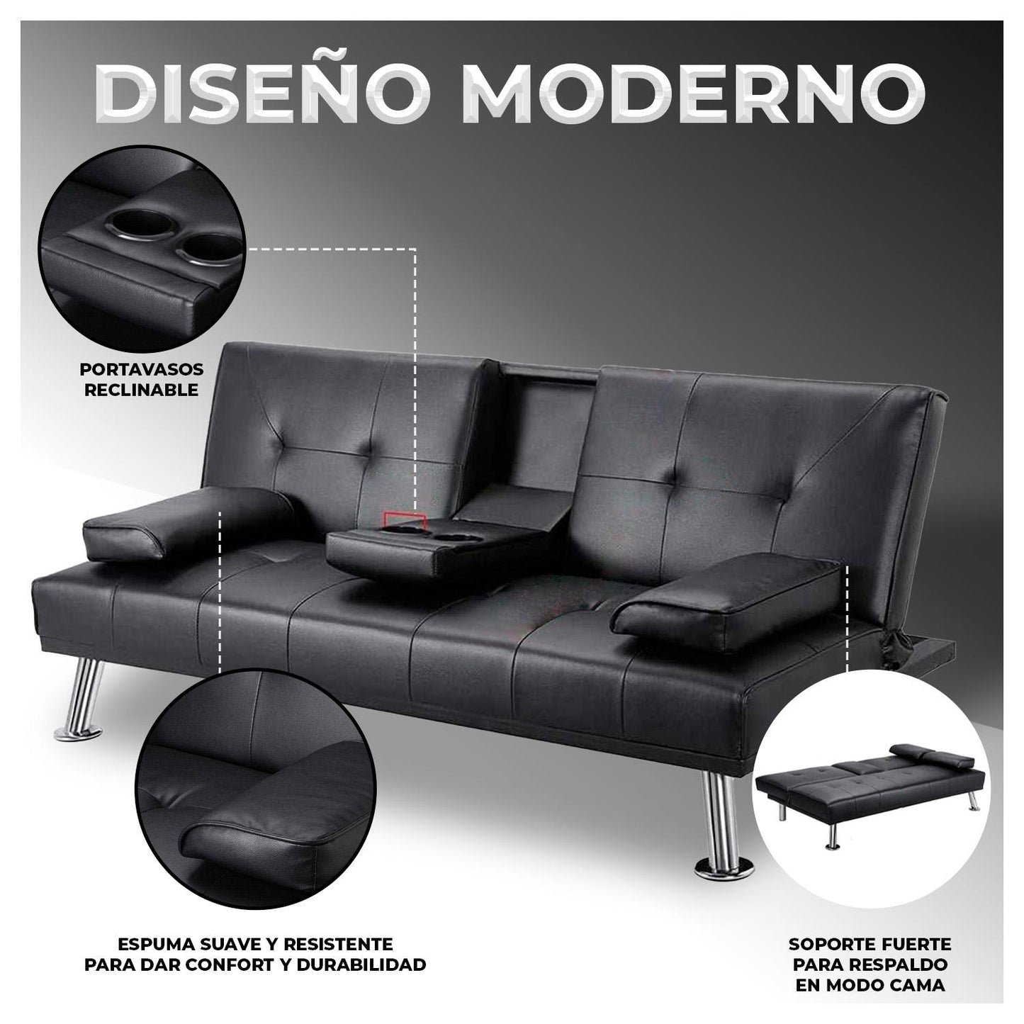 Futon Sofa Cama Navy Negro con Porta vasos y Apoya Brazos