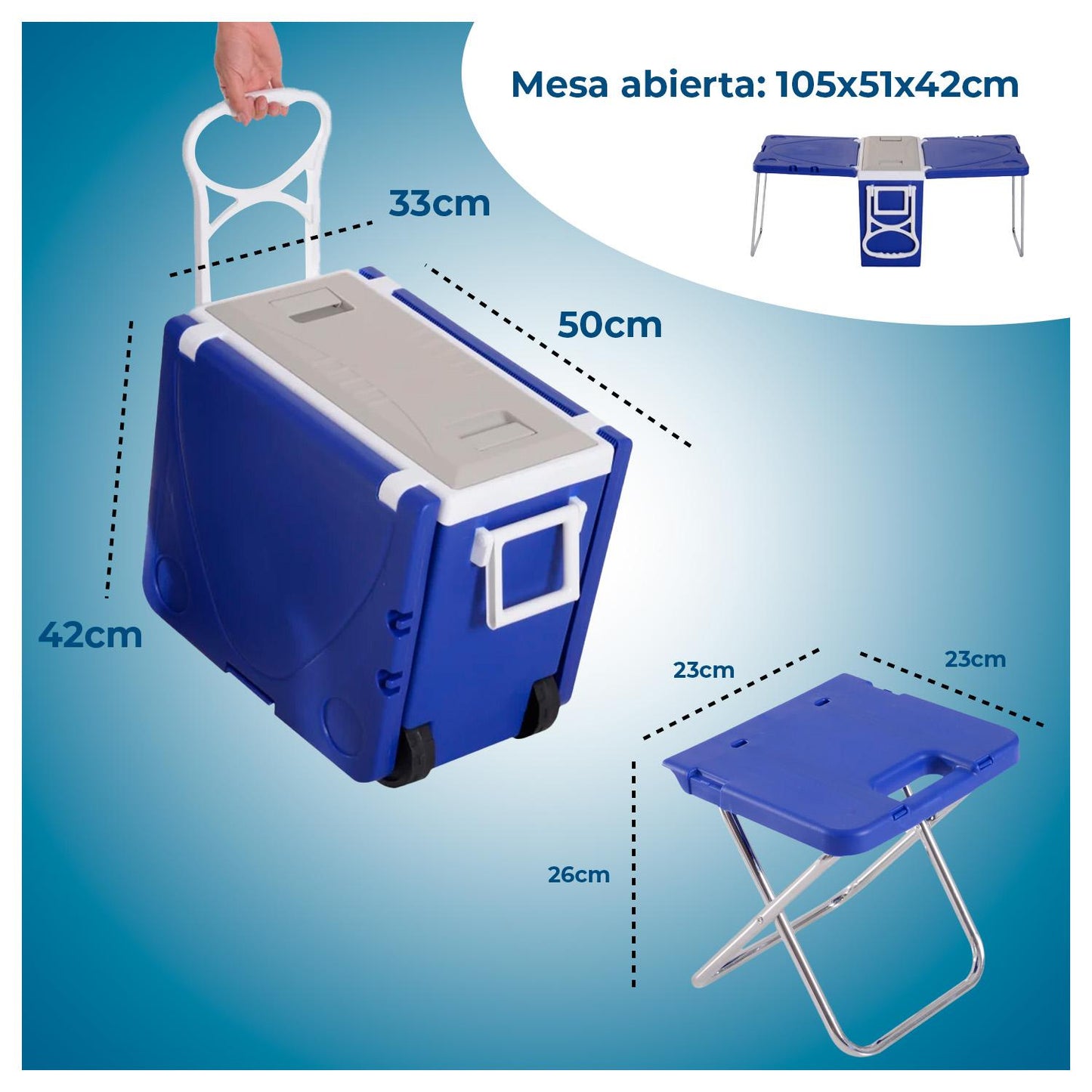 Mesa Cooler 2 en 1 de 32 Ltrs con Asientos y Ruedas