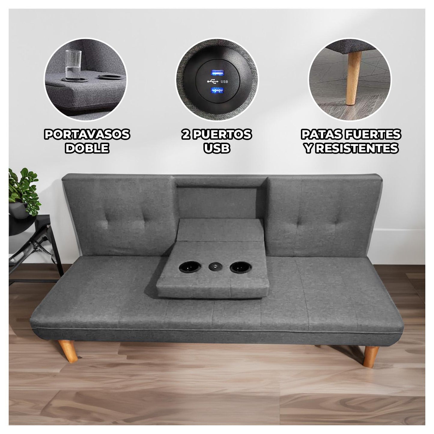 Futón Sofá Cama Reclinable Gris con Puerto Usb y Porta Vasos