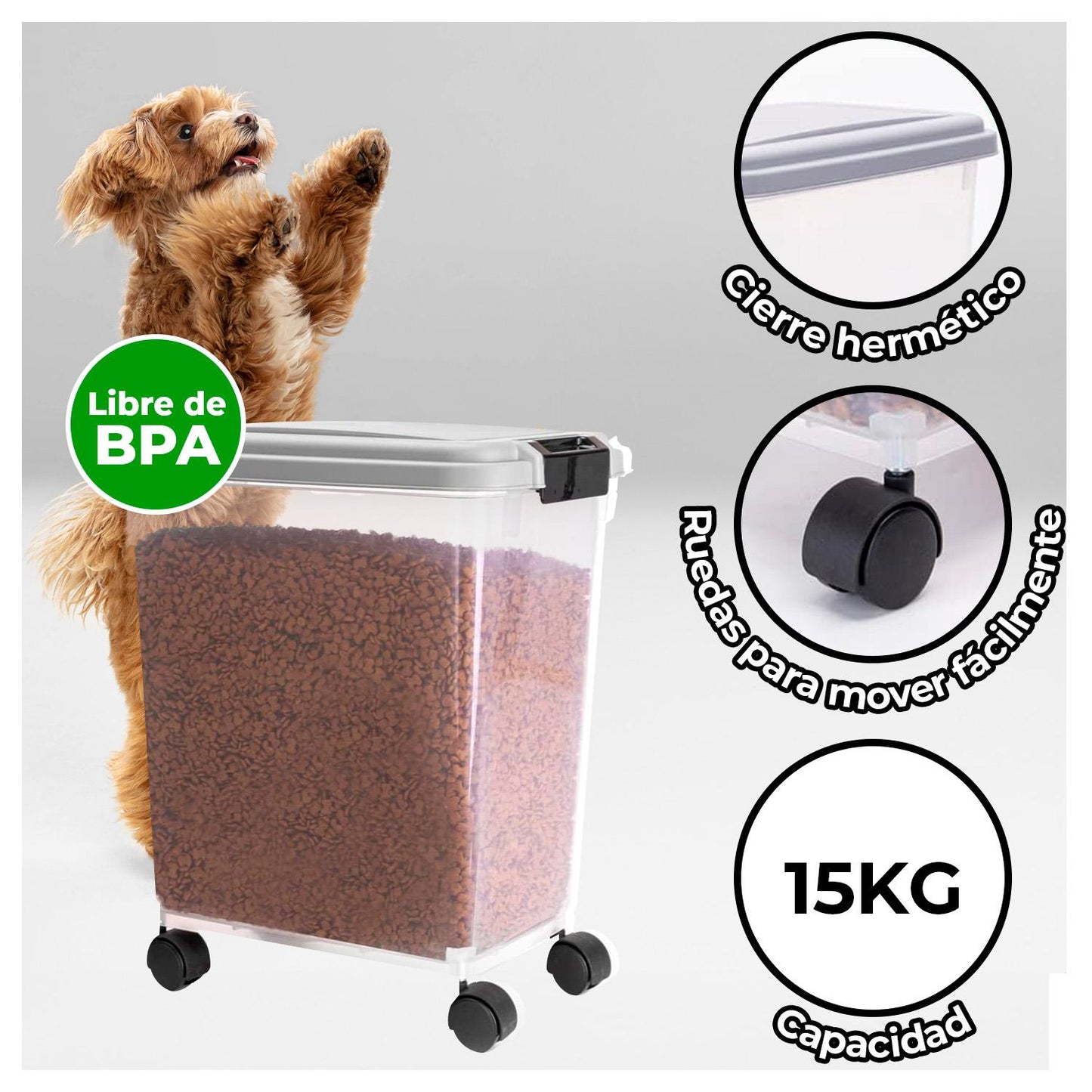 Contenedor Hermético para Comida de Mascotas con Ruedas 15 kg