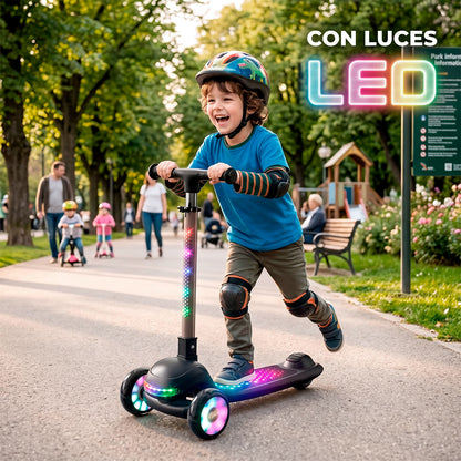 Scooter Infantil con Luces LED 3 Ruedas Ajustable y Seguro