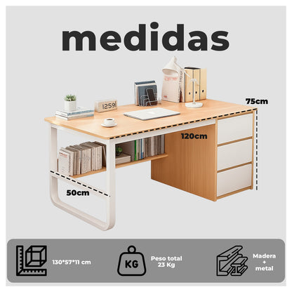 Escritorio Mueble Oficina Madera 120 cm con Cajones y Repisa Moderno