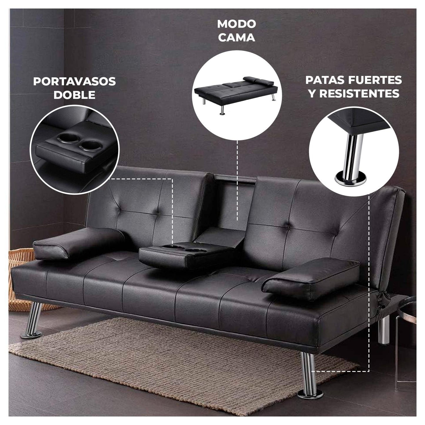 Futon Sofa Cama Navy Negro con Porta vasos y Apoya Brazos