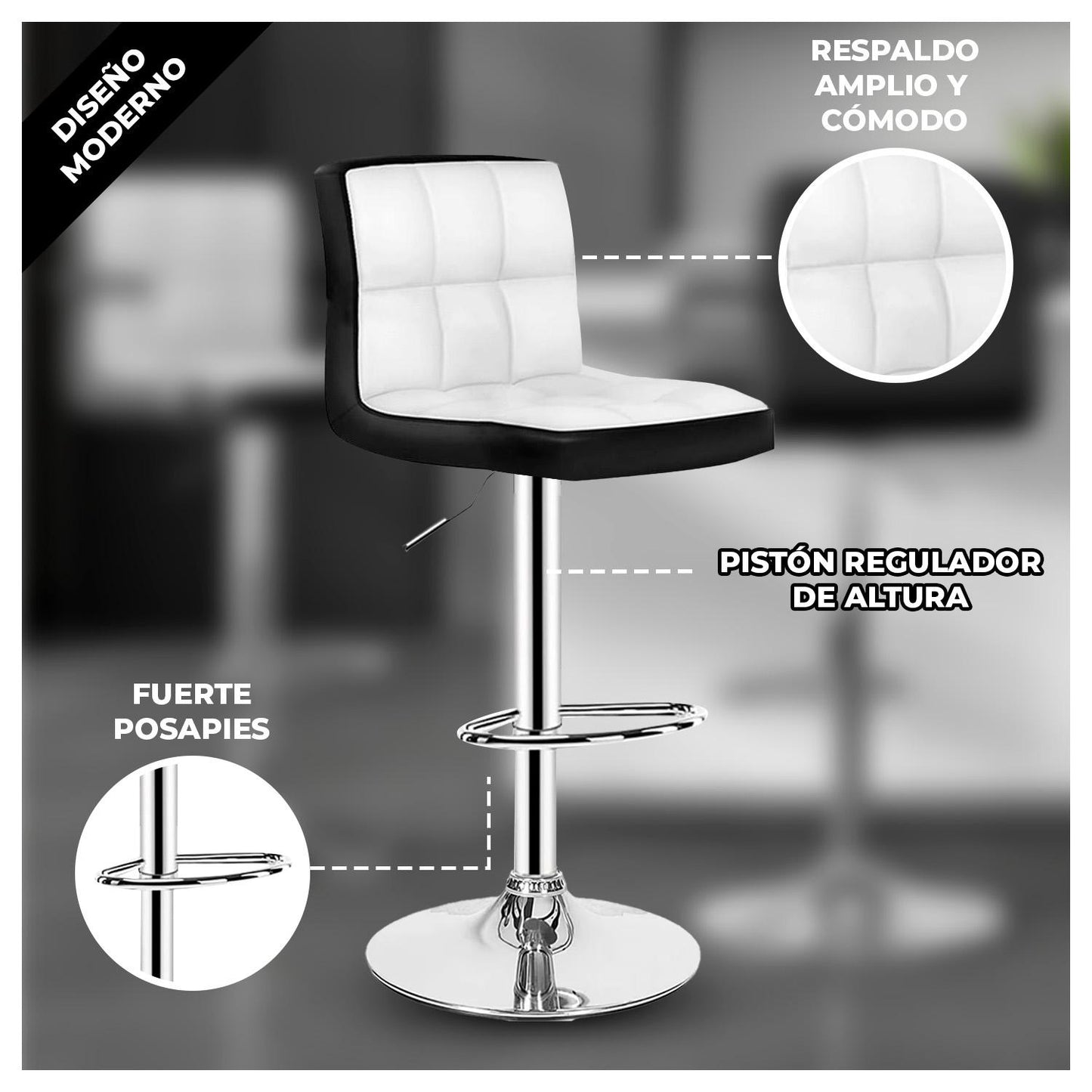 Pack 4 Silla Piso Bar Taburete Con Respaldo Blanco y negro